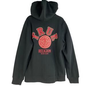 True Religion Y2K Zip Up Hoodie Sweatshirt Men L Black Red Robe Logo Skater NWT